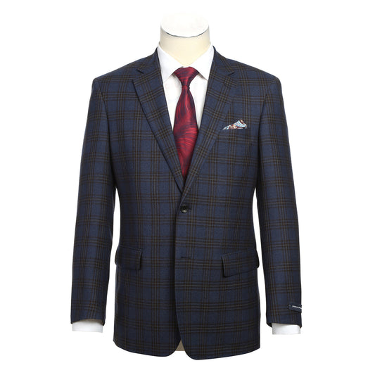 The Alessandro Vitello ALESSANDRO VITELLO Classic Fit Wool Blue Black Blazer 565-10 features a dark blue plaid design with notch lapel, styled with a white shirt, red patterned tie, and pocket square on a mannequin against a plain white background.