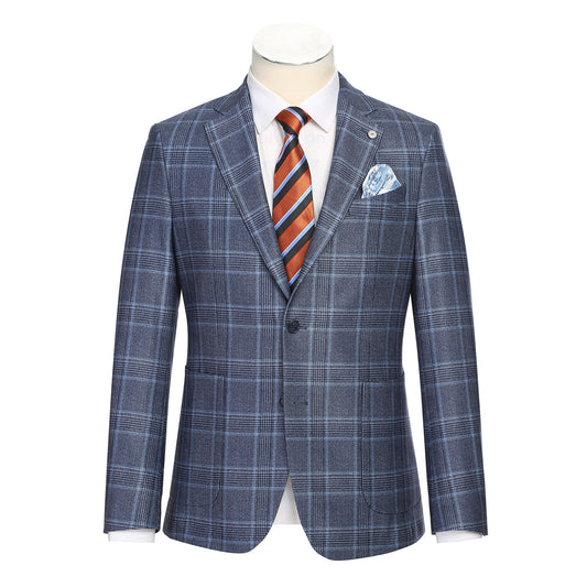 The Pellagio Men's Slim Fit Riserva Jacket Blue PF25-5 is styled with a white dress shirt, striped orange and blue tie, and blue pocket square, all displayed on a mannequin.