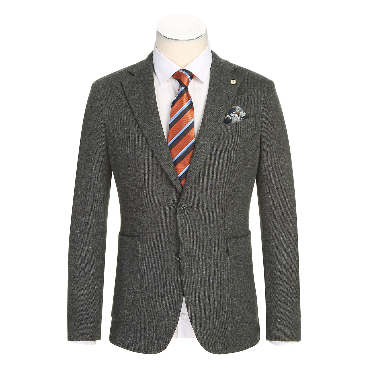 Two mannequins wear Pellagio Riserva JKT Blazer PF25-10 by Pellagio, styled with patterned shirts and ties. Each display highlights button details, fabric swatches in a cotton-poly blend, and product info.