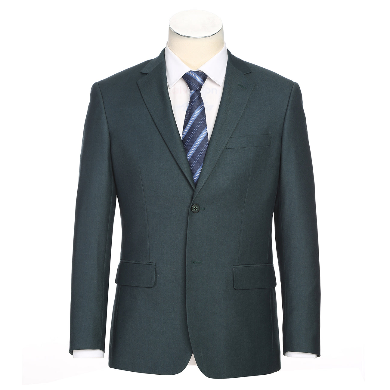 The Renoir Alessandro Vitello 2-Piece New Slim Fit Forest Green Suit (201-13) is shown over a white dress shirt with a blue striped tie, displayed on a mannequin against a white background.
