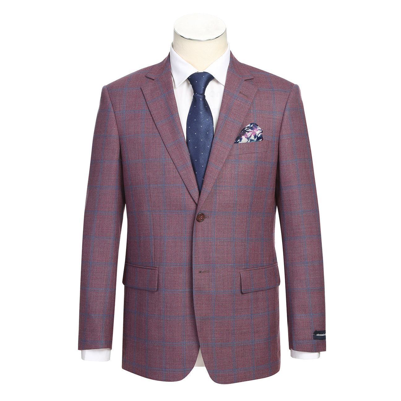 A mannequin wearing the Renoir Alessandro Vitello by Renoir New Slim Fit Sport Coat 565-17, styled with a white dress shirt, navy polka dot tie, and floral pocket square.