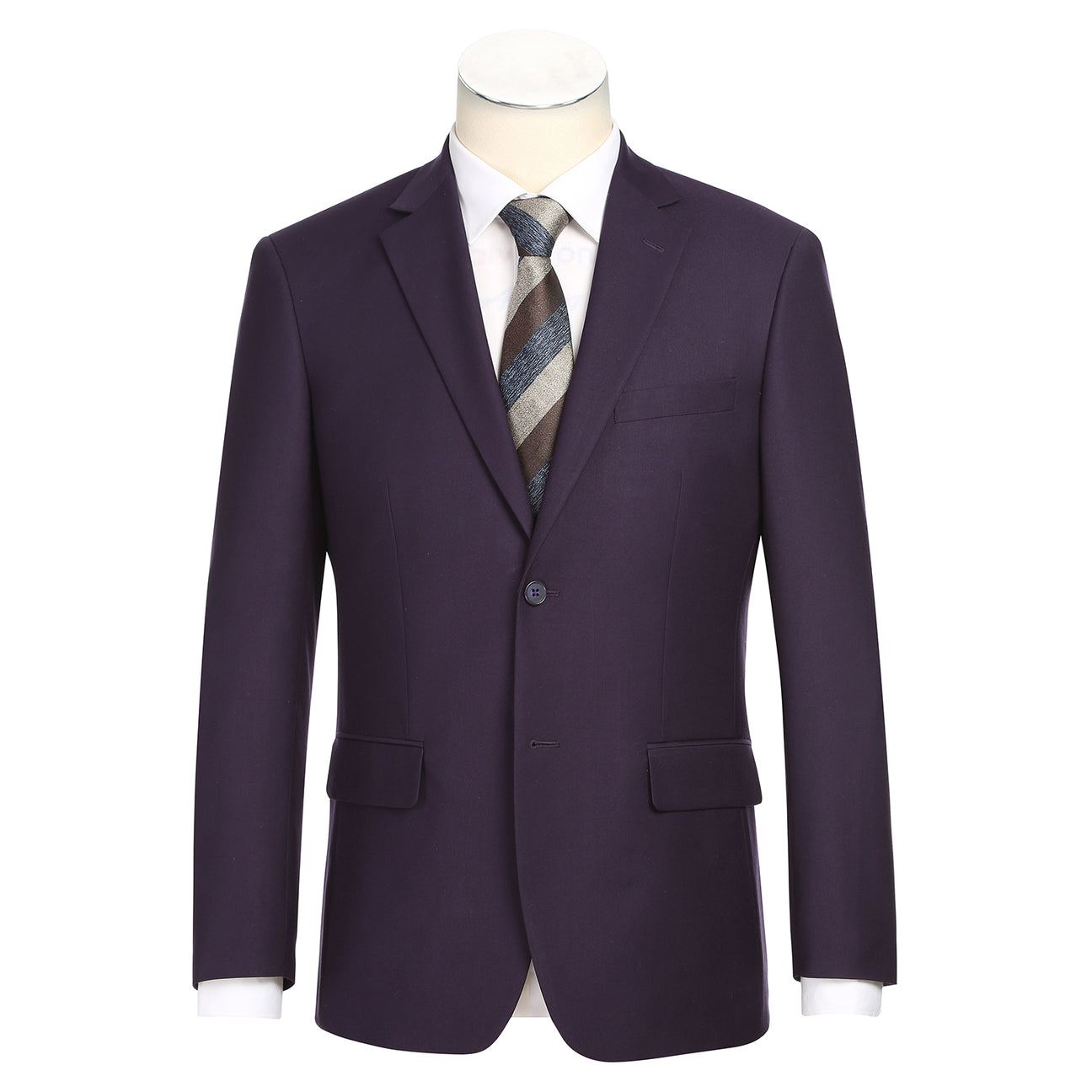 The Alessandro Vitello by Renoir 2-piece purple slim fit suit (201-14) features a single-breasted notch lapel, shown on a mannequin with a white shirt and striped tie.
