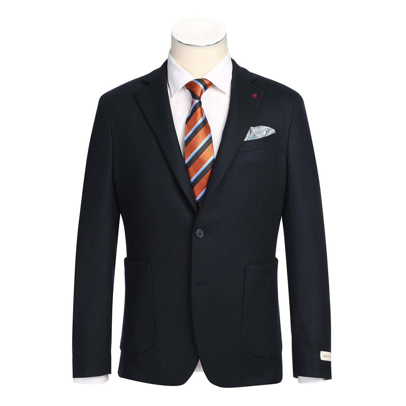 The Pellagio Men's Slim Fit Riserva Jacket Navy PF25-18W by Pellagio is displayed on a mannequin, paired with a white dress shirt, striped tie, and patterned pocket square.