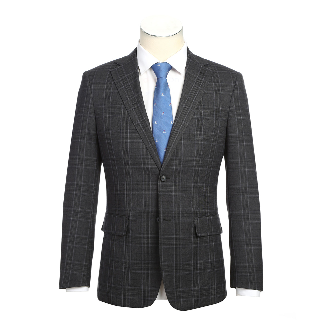 The ENGLISH LAUNDRY Dark Gray Check Suit 22-57-095EL by English Laundry features a slim fit, black and gray plaid design with a two-button closure, styled over a white shirt and blue patterned tie on a mannequin.