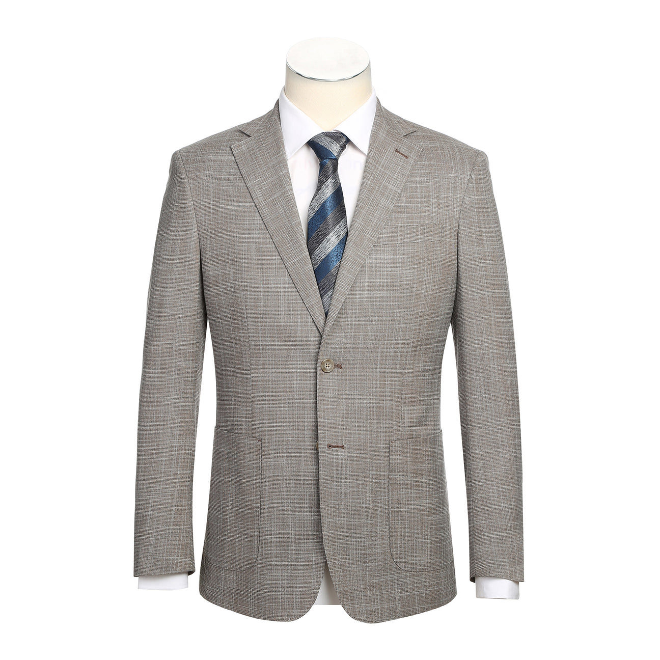 The ENGLISH LAUNDRY Brown Check Suit 22-18-652EL by English Laundry is a slim fit blazer with notch lapels, two-button closure, and patch pockets, shown over a white dress shirt and blue striped tie on a mannequin.