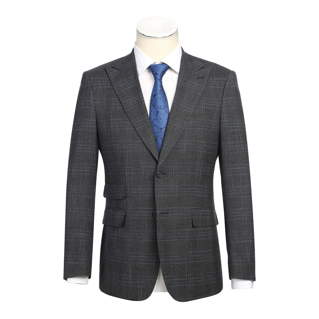 The English Laundry Navy Gray Check Suit 22-68-410EL features a modern slim fit jacket with notch lapel, crisp white shirt, and blue patterned tie—an ideal look for any occasion. Displayed on a mannequin against a white background.
