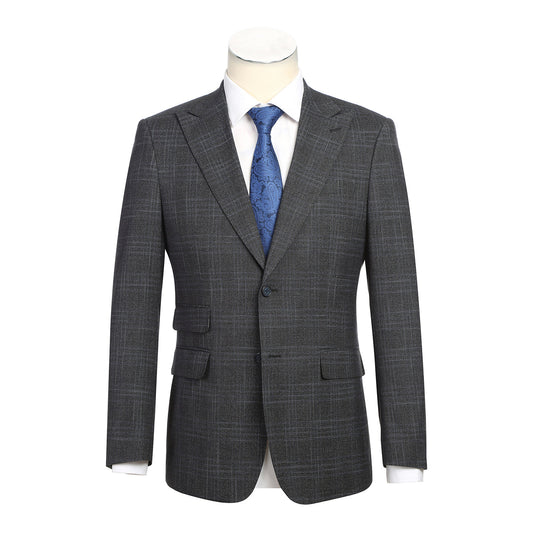 The English Laundry Navy Gray Check Suit 22-68-410EL features a modern slim fit jacket with notch lapel, crisp white shirt, and blue patterned tie—an ideal look for any occasion. Displayed on a mannequin against a white background.