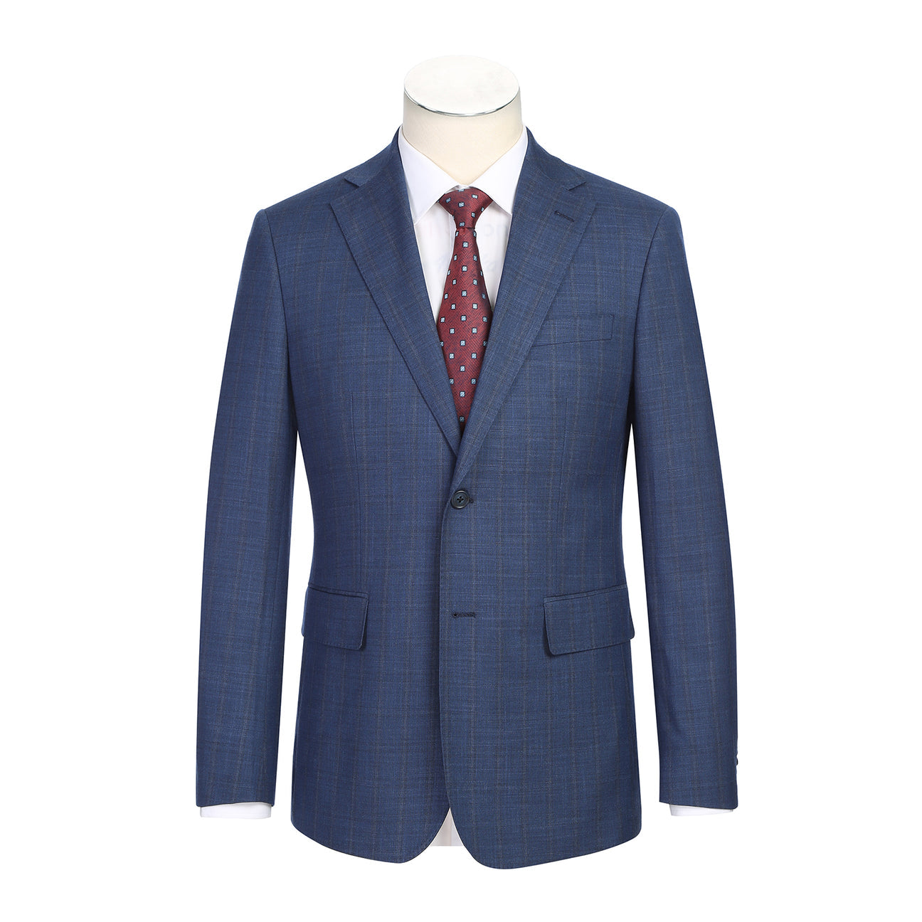 The ENGLISH LAUNDRY Blue Check Suit 22-52-402EL by English Laundry features a slim fit jacket with notch lapels and two-button closure, shown with a white dress shirt and red patterned tie on a mannequin.