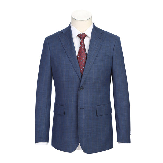 The ENGLISH LAUNDRY Blue Check Suit 22-52-402EL by English Laundry features a slim fit jacket with notch lapels and two-button closure, shown with a white dress shirt and red patterned tie on a mannequin.