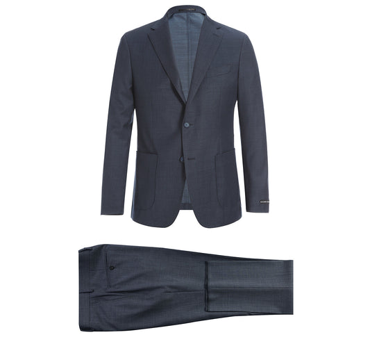 The Pellagio Men's Slim Fit Travel Suit PF20-18 is a gray, wrinkle-resistant wool two-piece with anti-microbial, nature stretch fabric and a single-breasted blazer plus matching trousers, shown on a white background.
