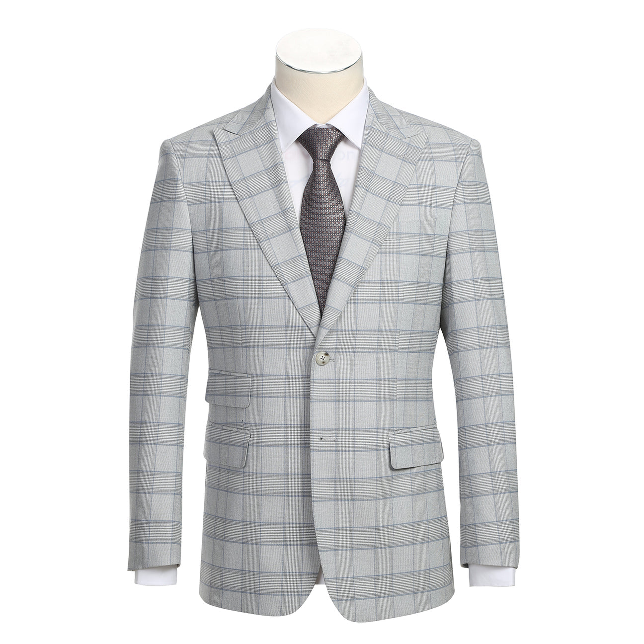 The English Laundry ENGLISH LAUNDRY TR Suit 12-66-092EL slim fit light gray plaid jacket, with a two-button closure, is displayed on a mannequin, paired with a white dress shirt and dark gray tie.