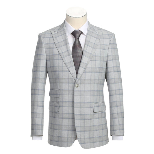 The English Laundry ENGLISH LAUNDRY TR Suit 12-66-092EL slim fit light gray plaid jacket, with a two-button closure, is displayed on a mannequin, paired with a white dress shirt and dark gray tie.