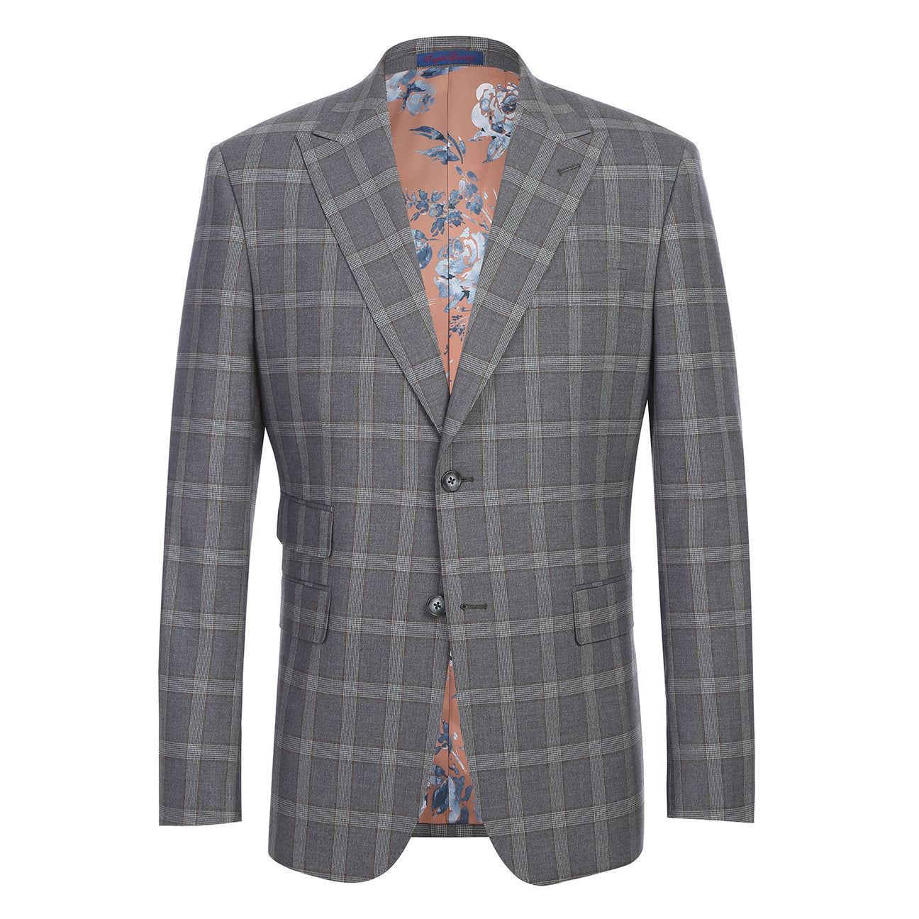 A man wears the English Laundry 2pc Suit (32-68-092EL), featuring a gray plaid polyester-rayon-spandex blend with a pink floral lining. Insets highlight fabric, buttons, and interior details; text describes style and composition.