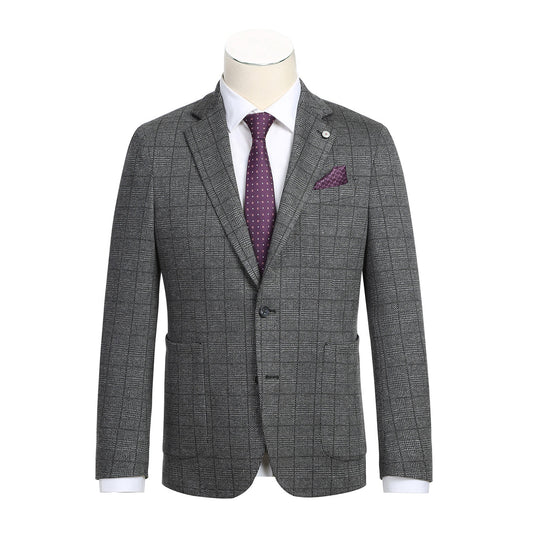 The Pellagio Men's Half Canvas Gray Blazer PF23-4, showcased on a mannequin, is complemented by a white shirt, a purple polka dot tie, and a matching pocket square. This slim fit, single-breasted ensemble from Pellagio captures modern elegance while preserving a timeless charm.