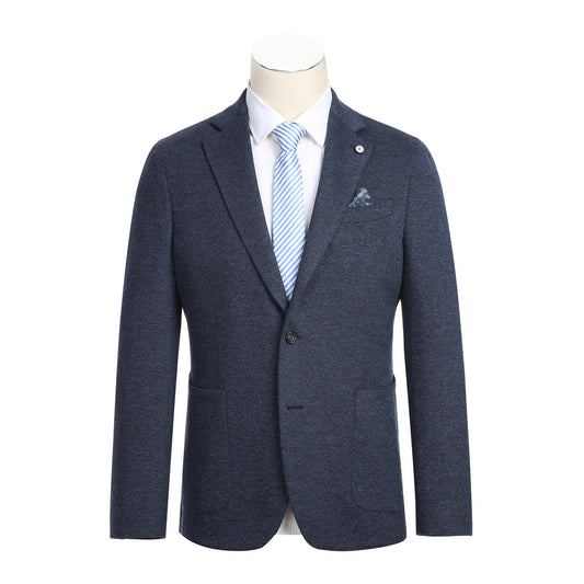 The Pellagio Men's Half Canvas Navy Blazer PF23-7, crafted with expert tailoring in a single-breasted slim fit, is showcased on a mannequin. It is styled with a light blue striped tie and a crisp white shirt, exuding timeless elegance.