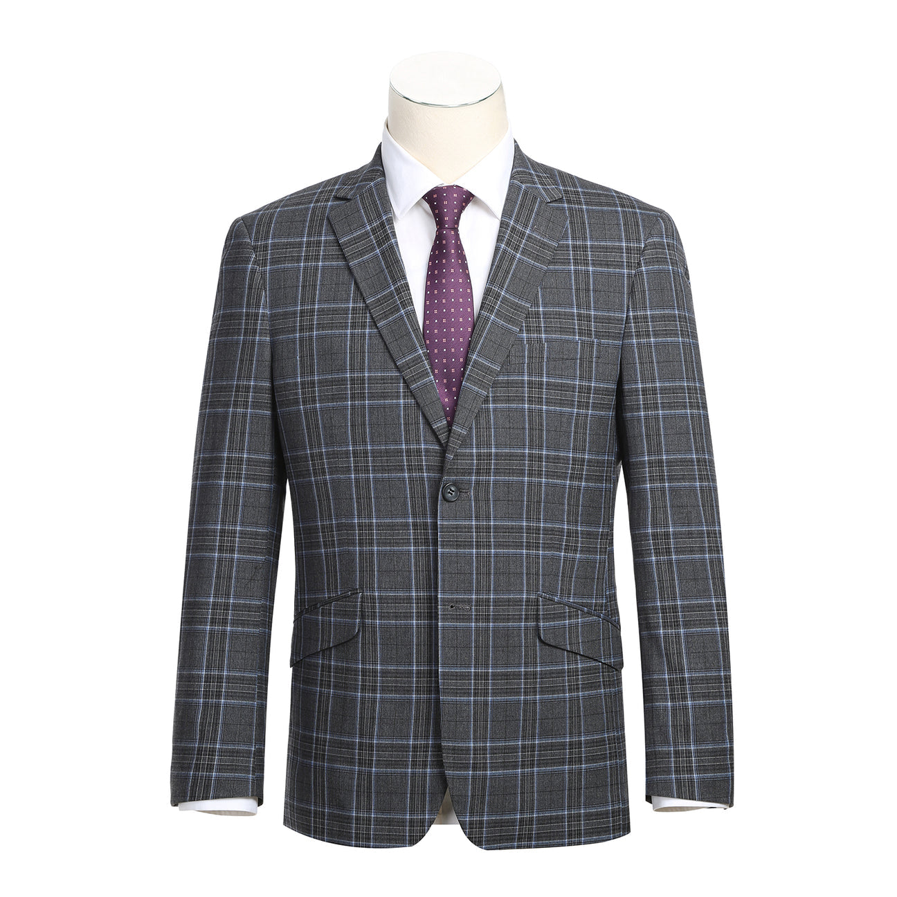 The Alessandro Vitello by Renoir Gray 2-Piece Slim Fit Checked Suit, featuring a single-breasted two-button front, is displayed on a mannequin paired with a white dress shirt and maroon polka dot tie.