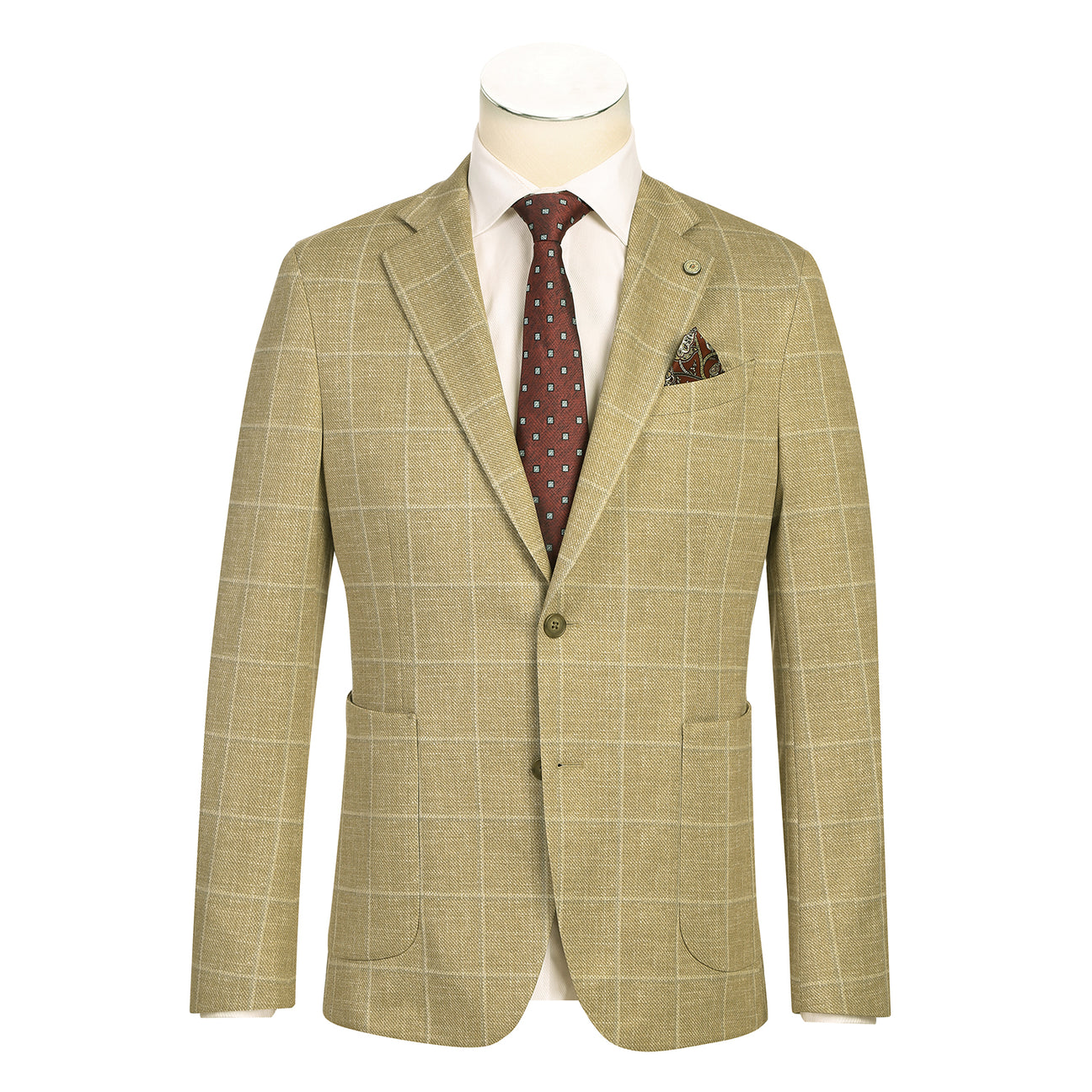 The Pellagio Men's Half Canvas Blazer Rattan PS25-2, a slim-fit tan plaid jacket with notched lapel, is displayed on a mannequin with a white shirt, burgundy patterned tie, and matching pocket square.