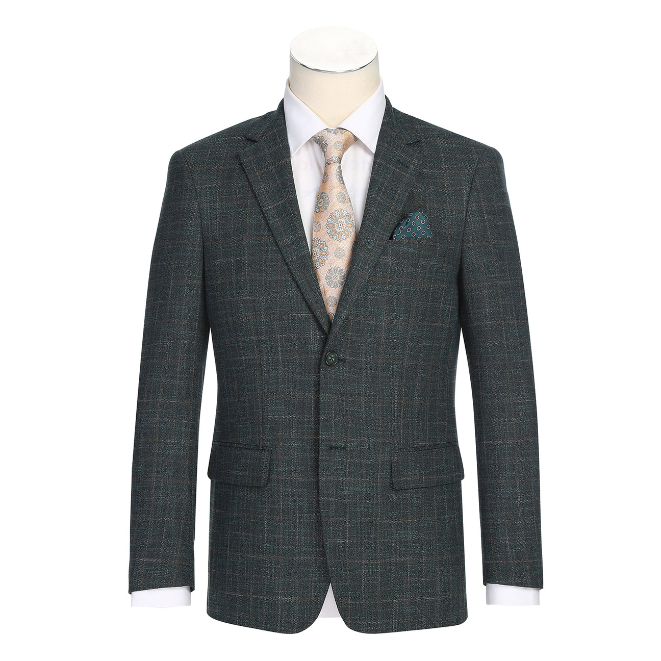 The Alessandro Vitello by Renoir New Slim Fit Blazer Green 294-48, a single-breasted jacket with peak lapels, is displayed on a mannequin. Paired with a white shirt and patterned beige tie and pocket square, this ensemble offers a sleek slim fit for the modern sophisticate.