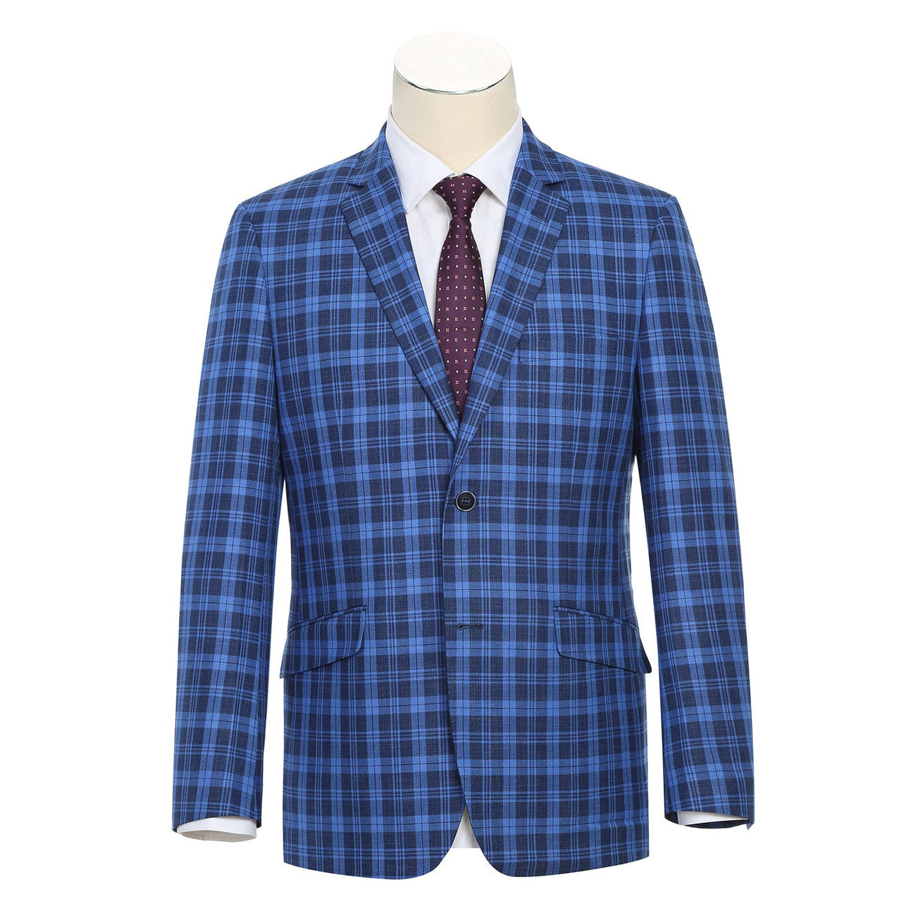The Renoir Alessandro Vitello Slim Fit Blazer in royal blue (294-17) features classic notch lapels, a single button closure, and is styled with a white shirt and dark red polka dot tie on a mannequin for a refined look.