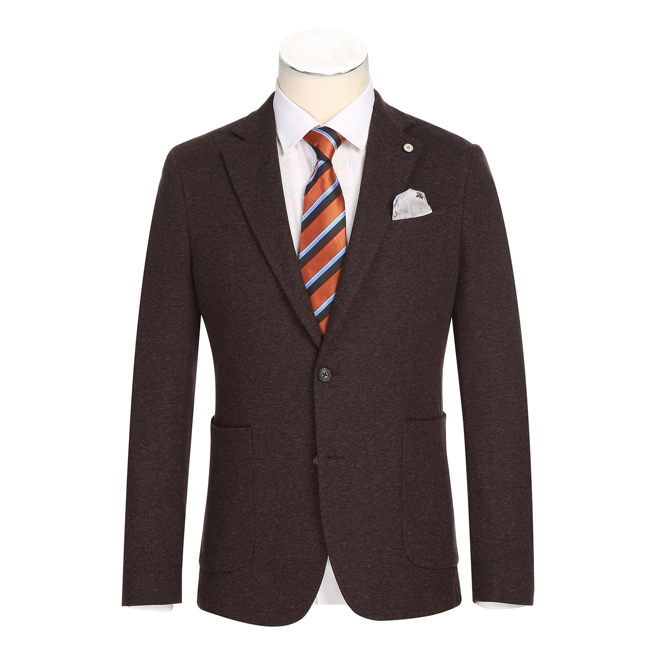 The Pellagio Men's Slim Fit Riserva Jacket Brown PF25-11 is displayed on a mannequin, styled with a white dress shirt, orange and navy striped tie, and a white pocket square.