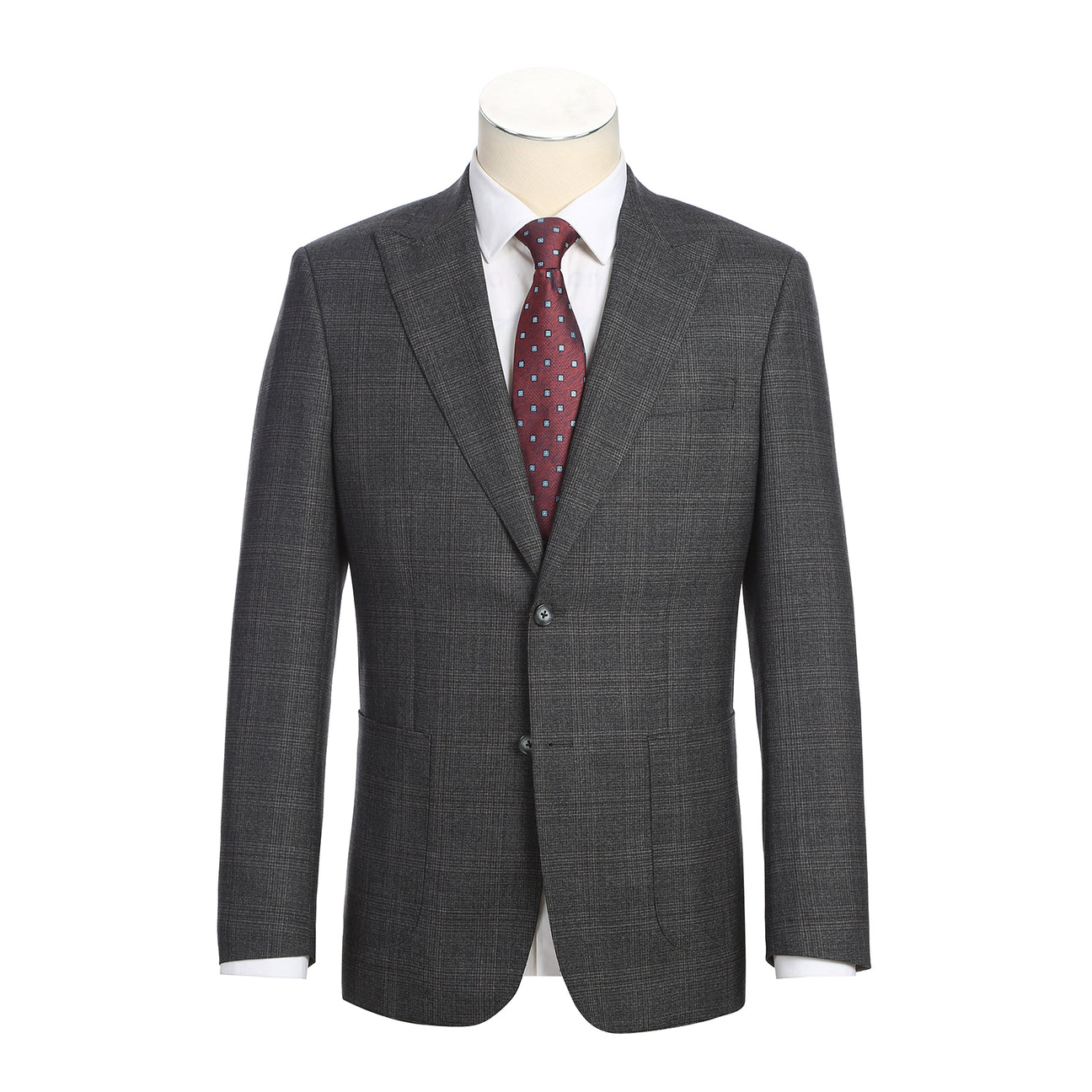 The ENGLISH LAUNDRY Dark Gray Check Suit EL12-57-095 by English Laundry is displayed on a mannequin, styled with a white dress shirt and a red patterned tie.