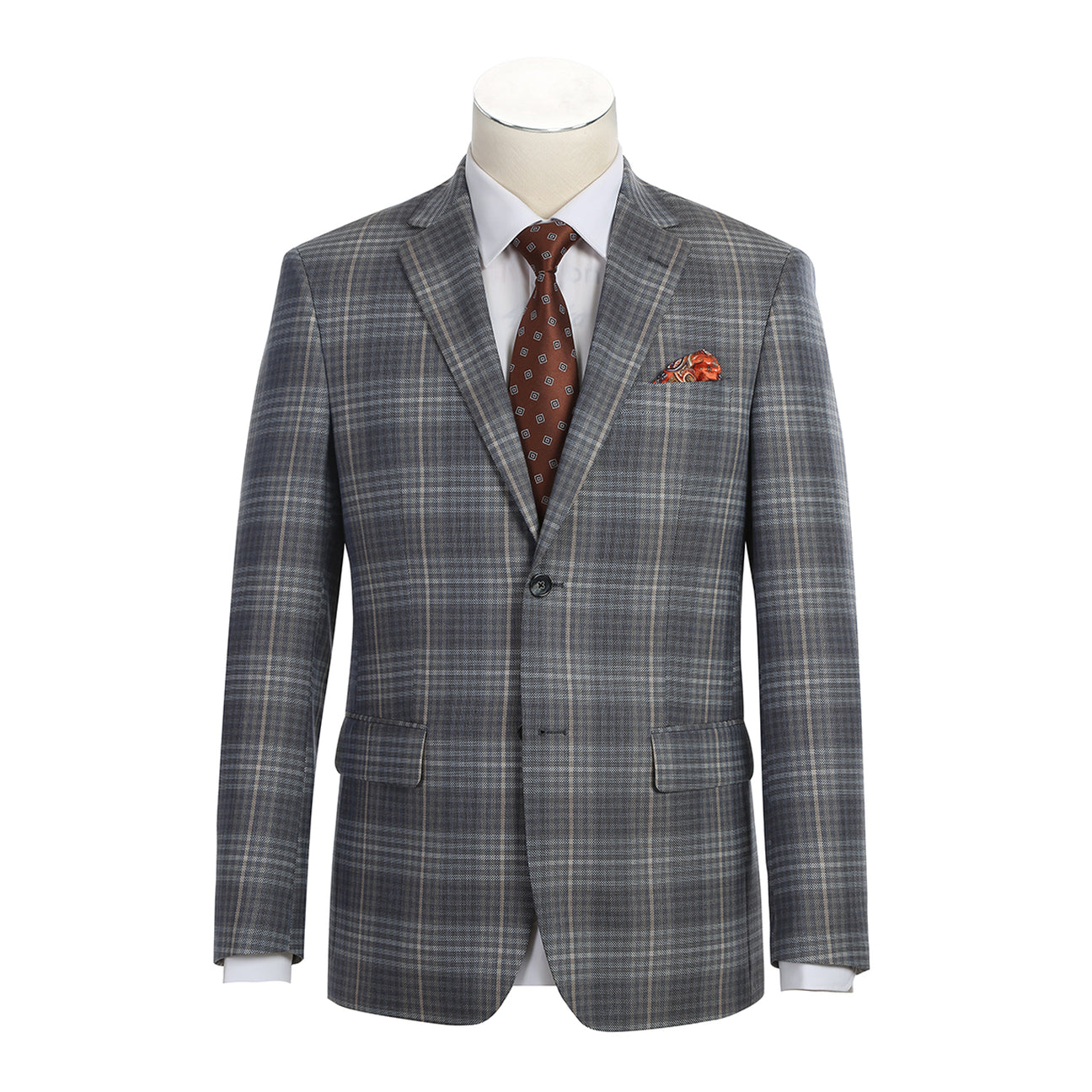 The Alessandro Vitello by Renoir New Slim Fit Sport Coat 565-3, a gray plaid wool-blend design with a notch lapel and side vents, is paired with a white dress shirt, brown patterned tie, and an orange pocket square.