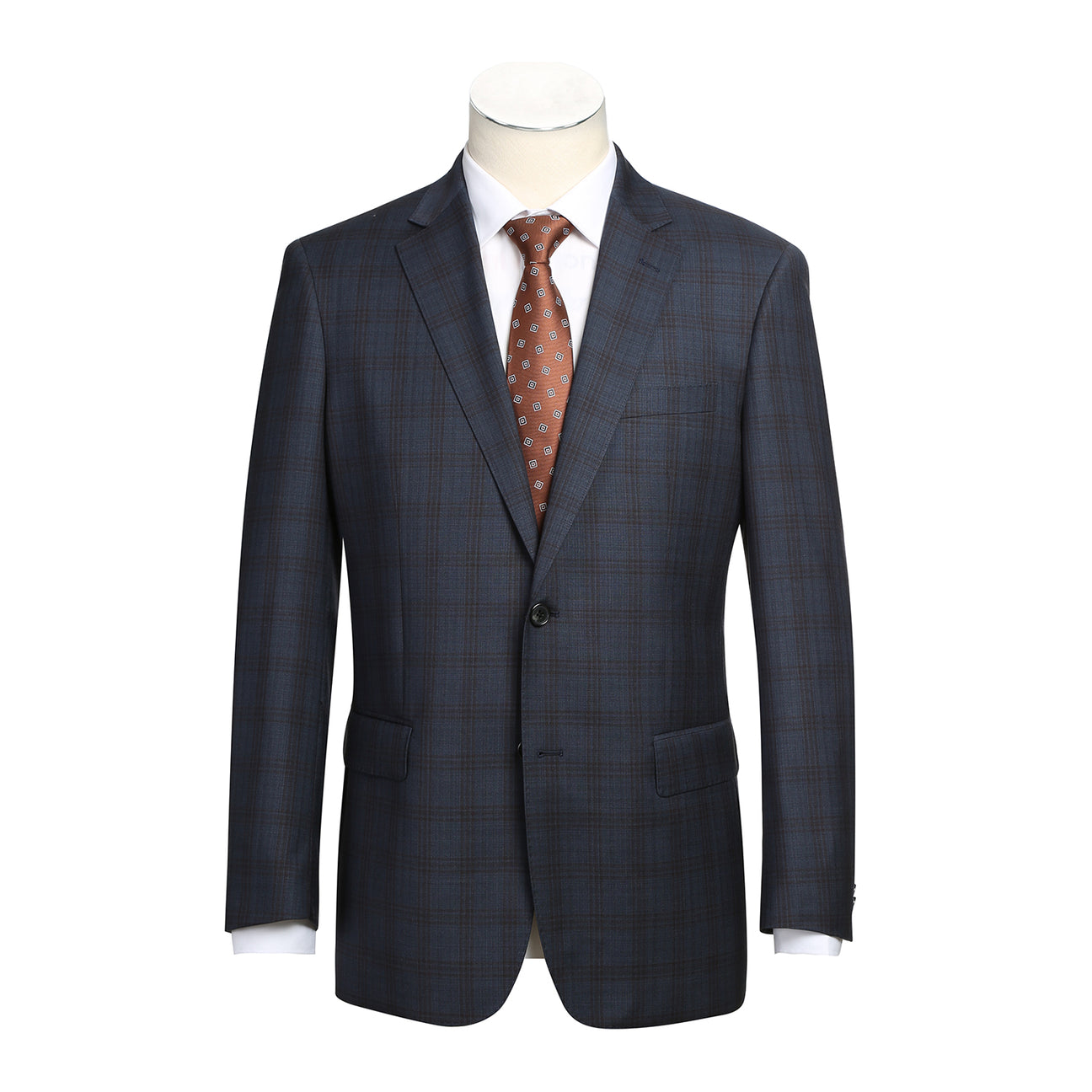 The Alessandro Vitello by Renoir 2-Piece Classic Fit Wool Suit, made from 100% Wool Super 140's, features a dark plaid pattern with a notch lapel and single button closure. It's paired with a white dress shirt and brown patterned tie on a mannequin displaying its 2B side-vented design.