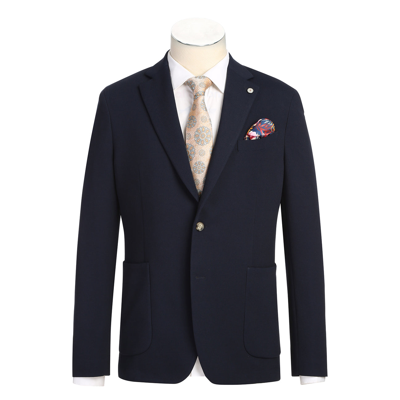 The Pellagio Men's Half Canvas Blazer Navy PS25-17, a single-breasted jacket with notched lapel and two buttons, is styled with a white dress shirt, patterned beige tie, and colorful pocket square on a display mannequin.