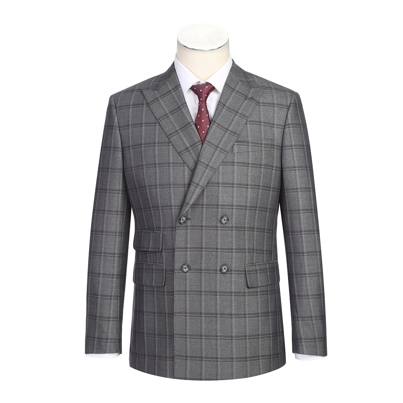 The English Laundry Double-breasted Gray Check Suit 22-50-092EL features peak lapels, matching buttons, and flap pockets, styled with a white dress shirt and red patterned tie for timeless men's formalwear.