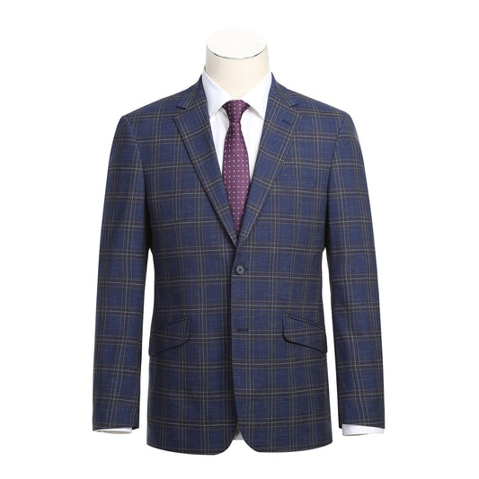 The Alessandro Vitello by Renoir Blue Slim Fit Side Vented Blazer 294-19, styled with a white shirt and purple polka dot tie, is elegantly displayed on a mannequin.