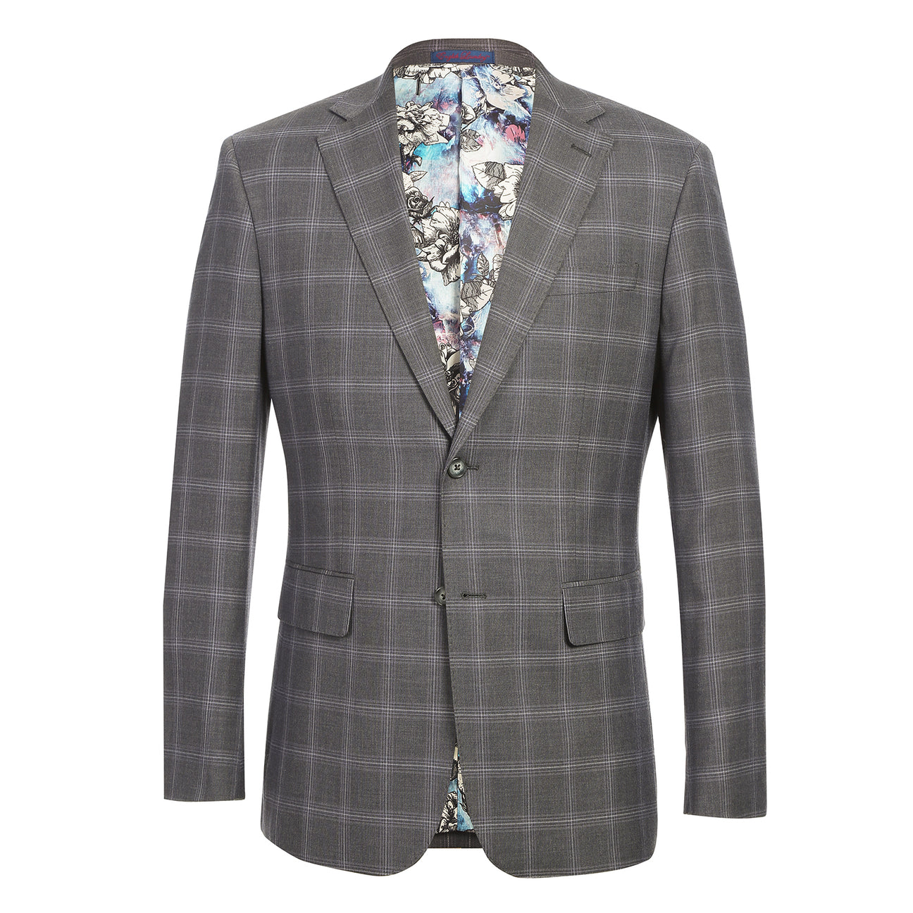 The ENGLISH LAUNDRY Grey Check Suit 12-55-095EL by English Laundry is a slim fit gray plaid blazer with notch lapels, two front flap pockets, and a colorful floral inner lining, shown on a white background.