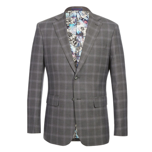 The ENGLISH LAUNDRY Grey Check Suit 12-55-095EL by English Laundry is a slim fit gray plaid blazer with notch lapels, two front flap pockets, and a colorful floral inner lining, shown on a white background.