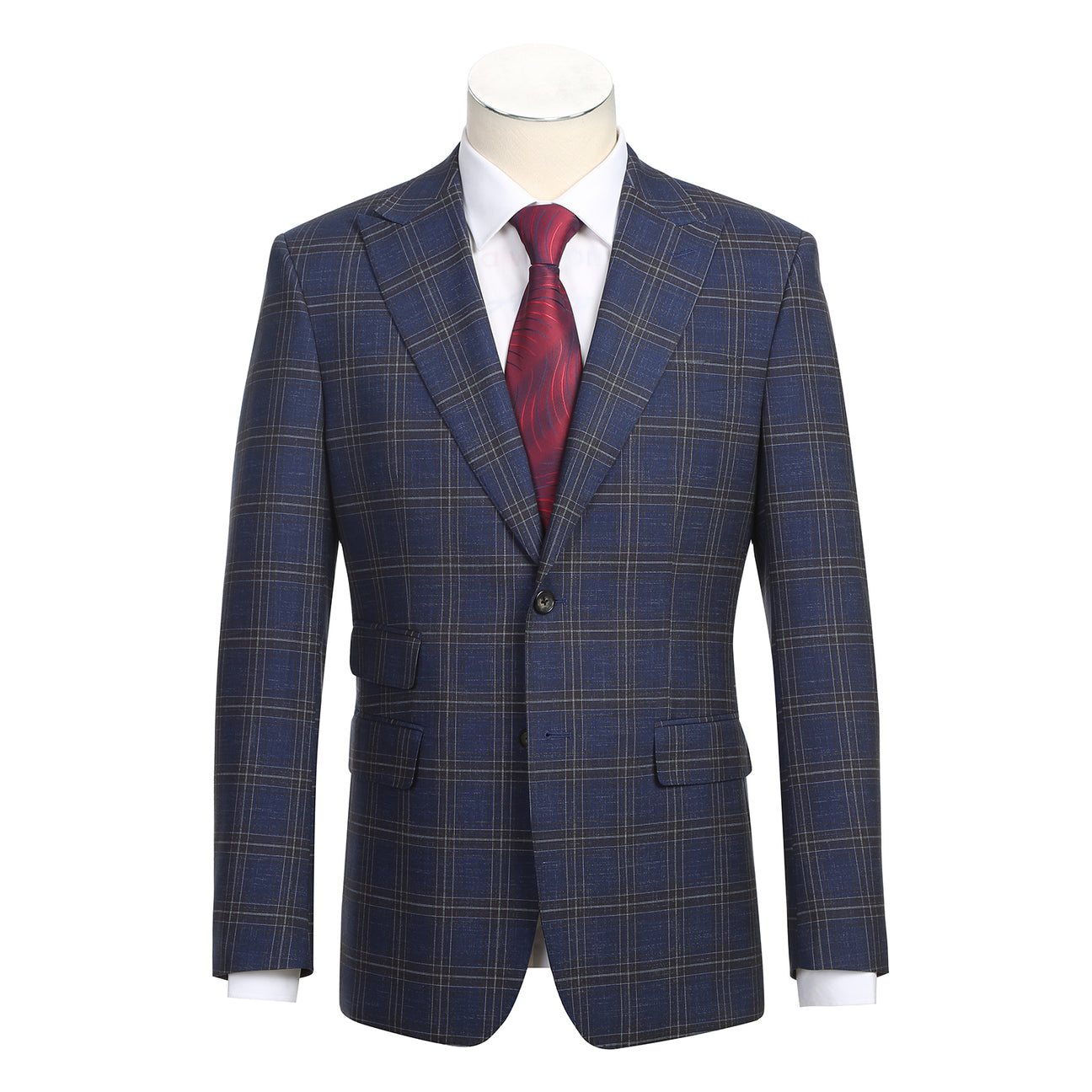 The ENGLISH LAUNDRY TR Suit 12-52-410EL by English Laundry is a slim fit blue plaid jacket with notch lapels, two buttons, and flap pockets, styled over a white dress shirt and red patterned tie on a display mannequin.