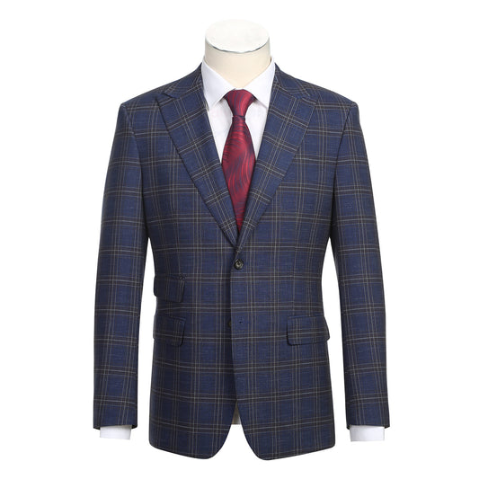 The ENGLISH LAUNDRY TR Suit 12-52-410EL by English Laundry is a slim fit blue plaid jacket with notch lapels, two buttons, and flap pockets, styled over a white dress shirt and red patterned tie on a display mannequin.