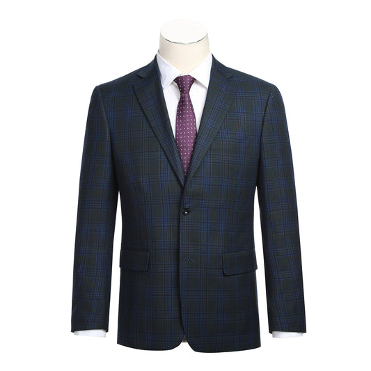 A mannequin showcases a Renoir Alessandro Vitello Navy Slim Fit Blazer 294-23 featuring a single-breasted design and notch lapel, paired flawlessly with a white dress shirt and maroon polka dot tie.