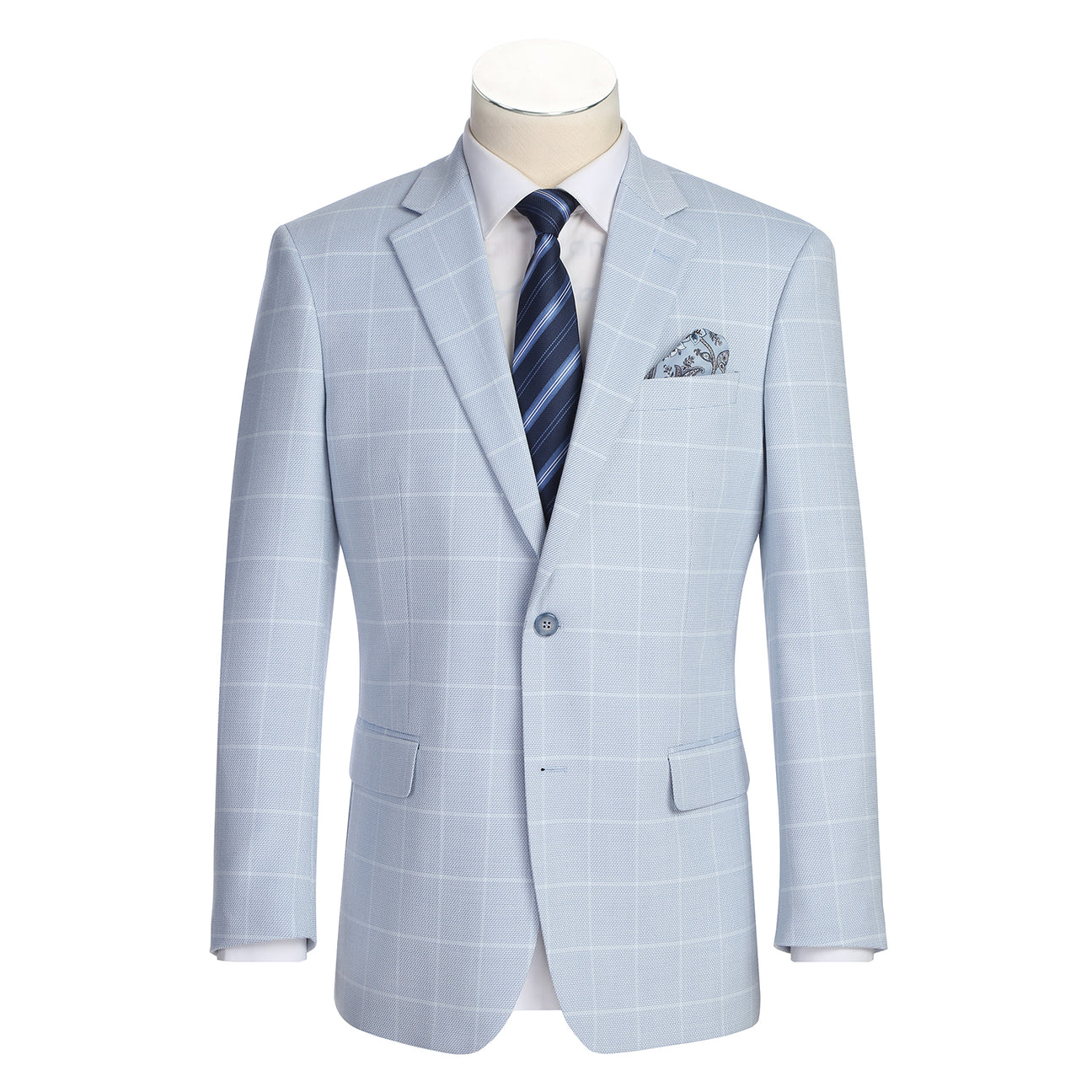 The Renoir Alessandro Vitello Classic Fit Light Blue Blazer 294-64 features notched lapels, a one-button closure, two front pockets, a chest pocket with patterned square, and is styled with a white shirt and blue striped tie.