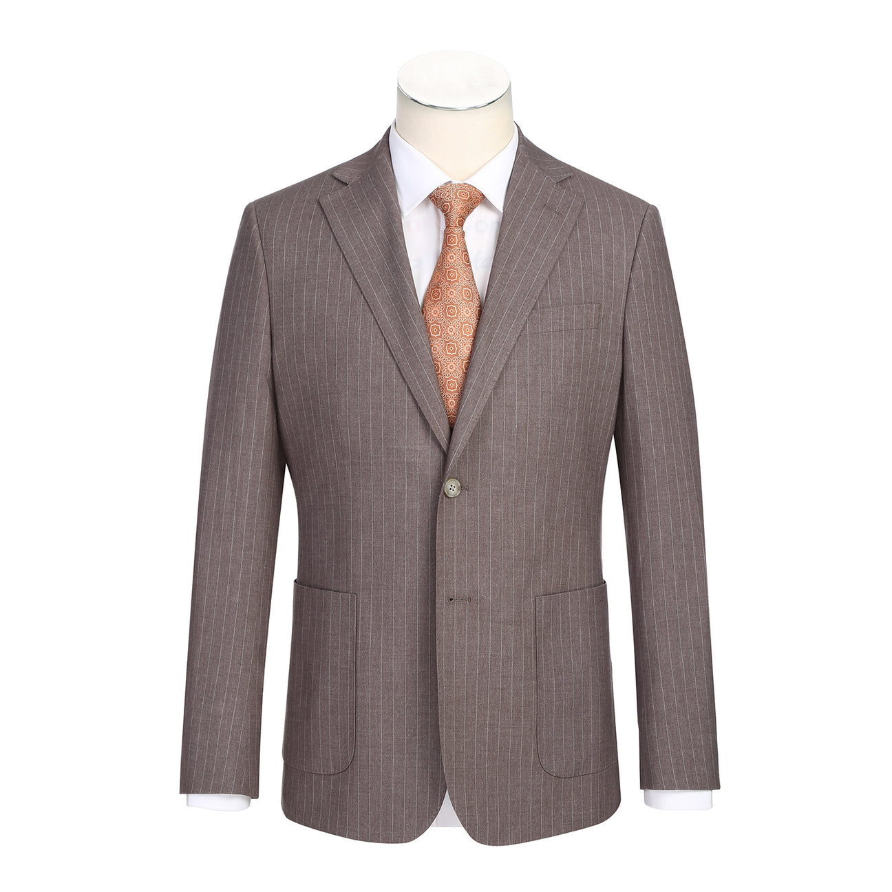 A mannequin displays the ENGLISH LAUNDRY Gray Check Suit 22-30-500EL by English Laundry, styled over a white dress shirt and an orange patterned tie.