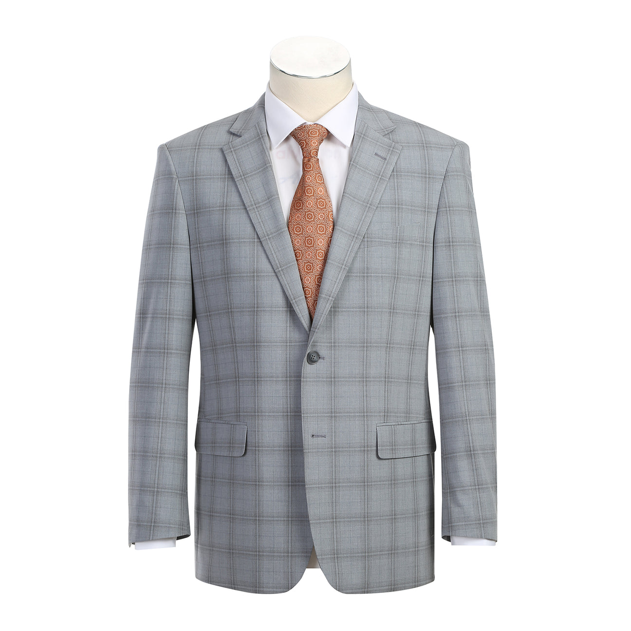 The Alessandro Vitello by Renoir Light Gray Classic Fit Suit (293-33), featuring a men's two-button jacket with notch lapels, is styled with a white dress shirt and patterned orange tie on a mannequin.