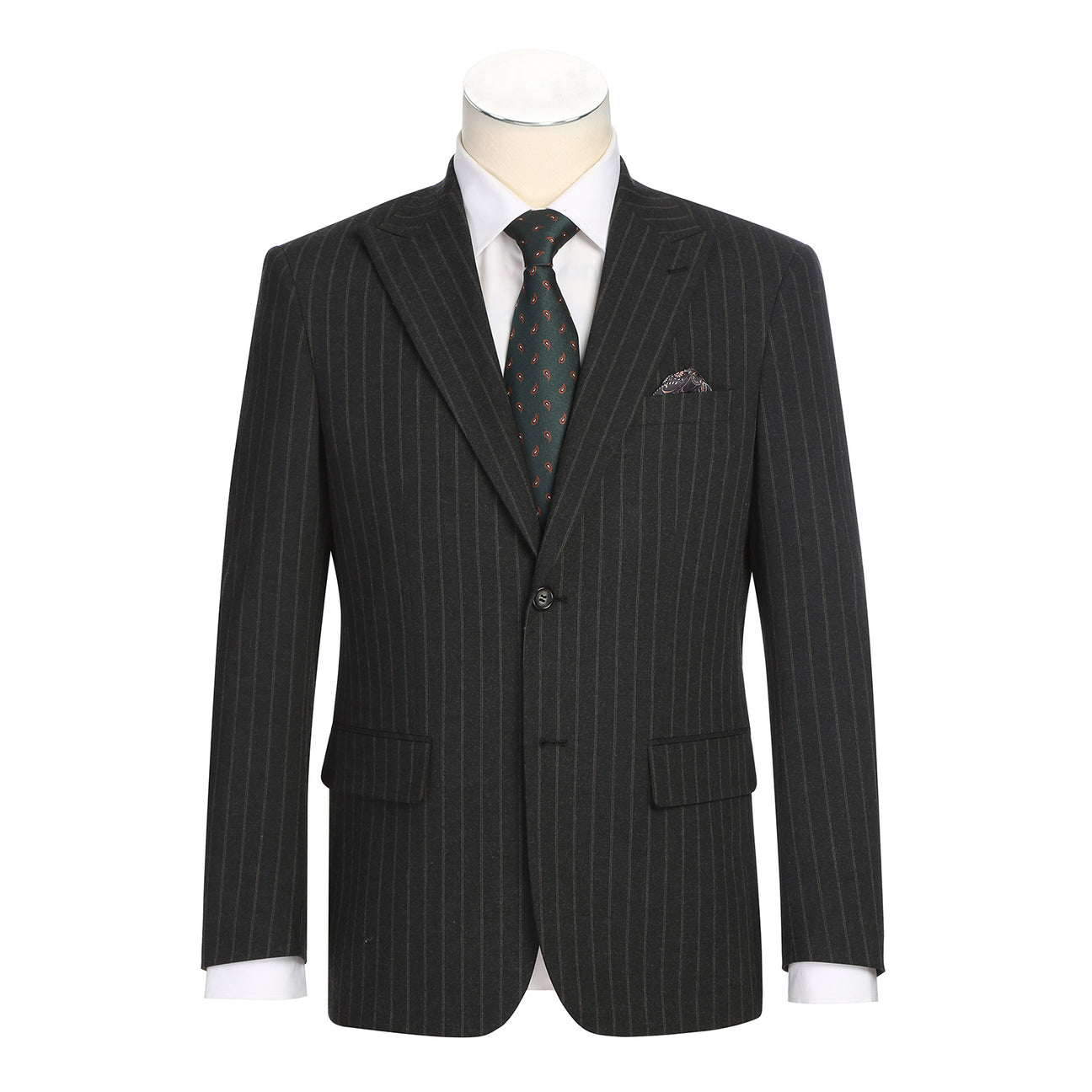 The Alessandro Vitello by Renoir New Slim Fit Suit 293-55 showcases a dark pinstripe, single-breasted jacket with notch lapels and side vents, paired with matching flat front pinstripe trousers.