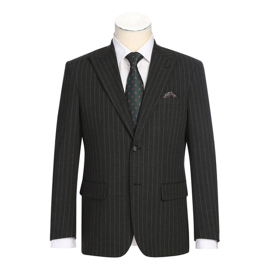 The Alessandro Vitello by Renoir New Slim Fit Suit 293-55 showcases a dark pinstripe, single-breasted jacket with notch lapels and side vents, paired with matching flat front pinstripe trousers.