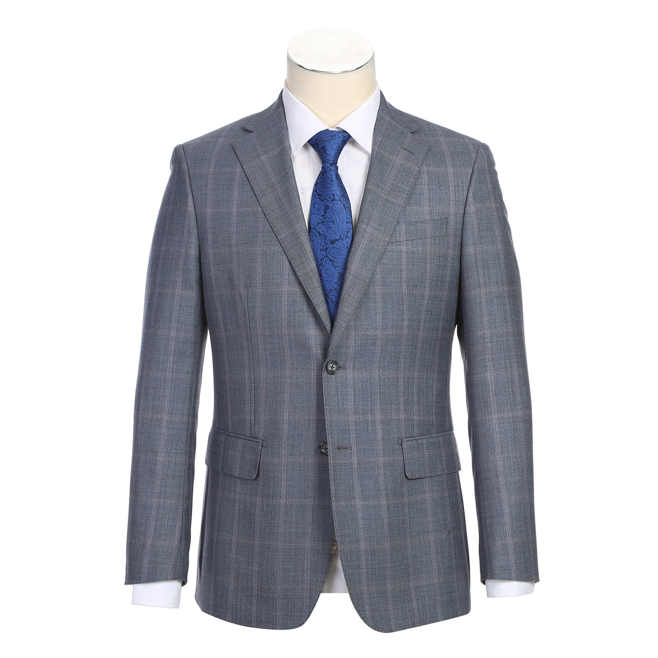 The ENGLISH LAUNDRY Grey Wool Suit EL92-52-093 by English Laundry is shown on a headless mannequin, featuring a gray plaid wool jacket with two-button closure over a white dress shirt and blue patterned tie.