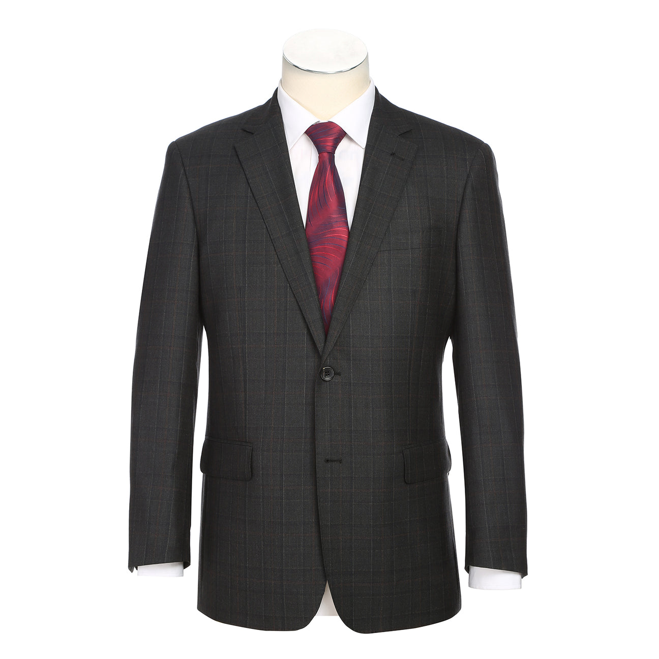 A mannequin showcases the Alessandro Vitello ALESSANDRO VITELLO Classic Fit Wool Black Suit 566-9 paired with a white dress shirt and red patterned tie against a plain white background.