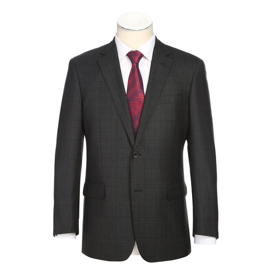 A mannequin showcases the Alessandro Vitello ALESSANDRO VITELLO Classic Fit Wool Black Suit 566-9 paired with a white dress shirt and red patterned tie against a plain white background.