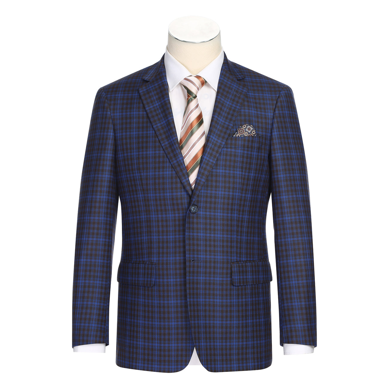 A mannequin is styled in the Renoir Alessandro Vitello New Slim Fit Blazer Blue 294-49, featuring a crisp white shirt, a striped tie, and a patterned pocket square. The sophisticated notch lapel adds an elegant touch.
