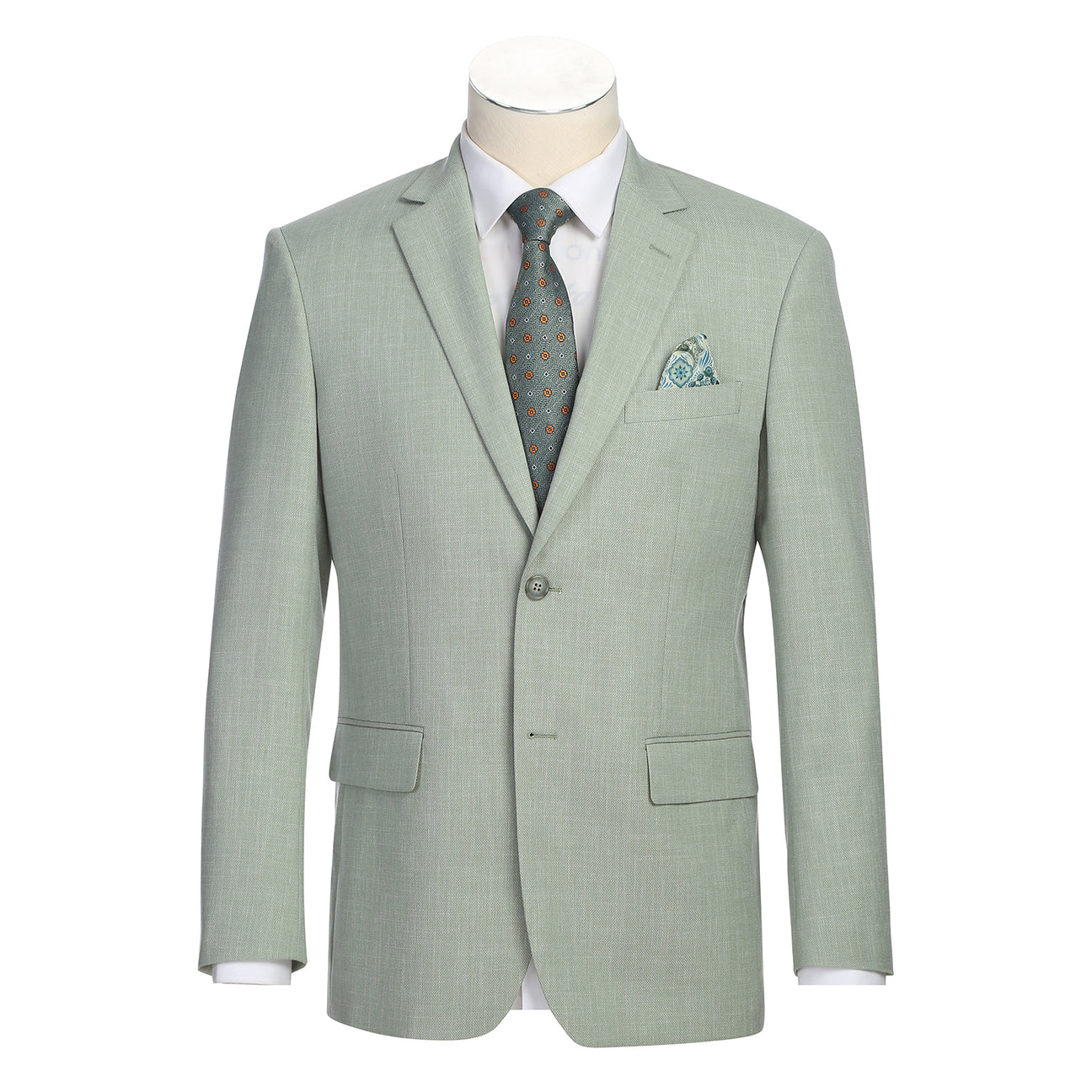 The Alessandro Vitello by Renoir New Slim Fit Light Green Blazer 294-58 is a men's single-breasted jacket with notch lapel, displayed on a mannequin with a white shirt, patterned tie, and matching pocket square.