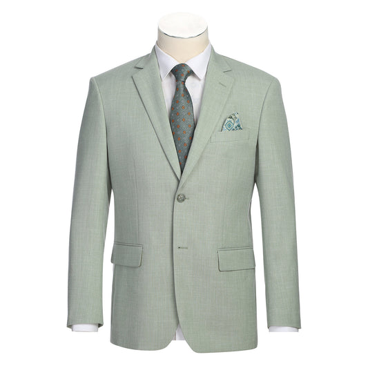 The Alessandro Vitello by Renoir New Slim Fit Light Green Blazer 294-58 is a men's single-breasted jacket with notch lapel, displayed on a mannequin with a white shirt, patterned tie, and matching pocket square.