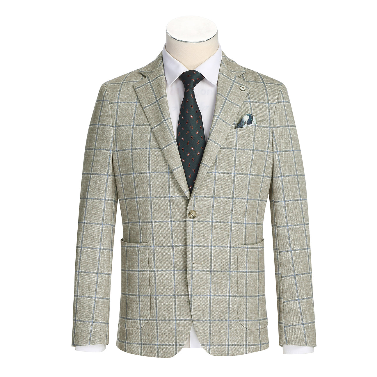 The Pellagio Green Men's Slim Fit Riserva Jacket PS26-5 by Pellagio is displayed on a mannequin with a white dress shirt, dark patterned tie, and pocket square.