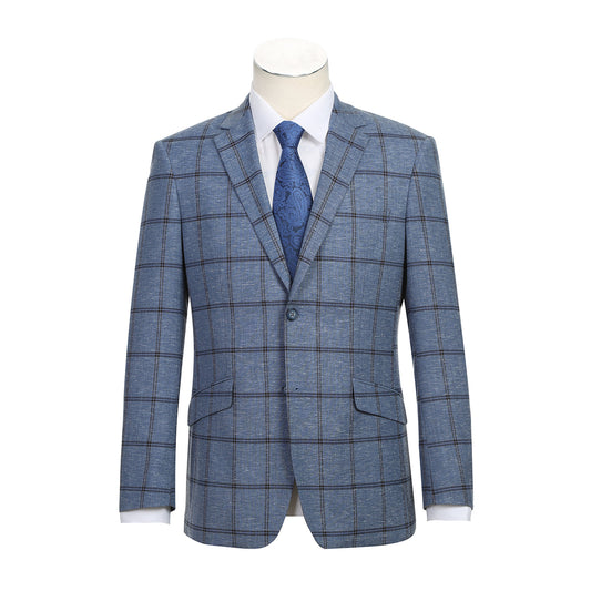 The Renoir Alessandro Vitello blue plaid suit jacket, crafted from a premium polyester blend, features a single button and side-vented design. It's paired with a crisp white dress shirt and a blue patterned tie for an elegant look.