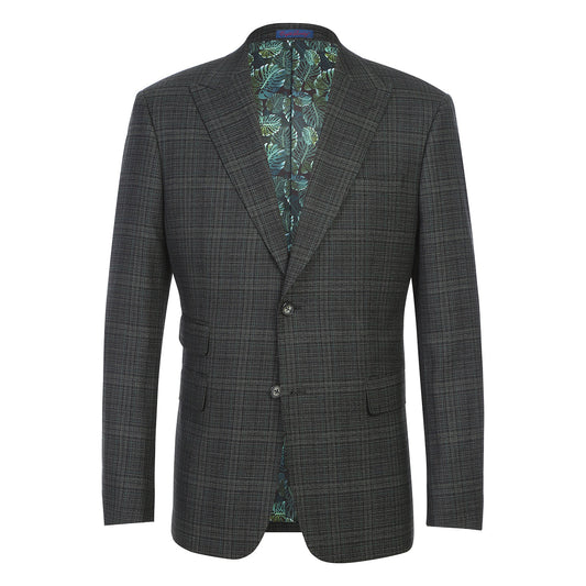 A man wears an English Laundry 2pc Suit (32-24-001EL). Images show its plaid pattern, detailed lining, buttons, lapel, and fabric. Text highlights the suit’s latest collection style and polyester-rayon-spandex blend.