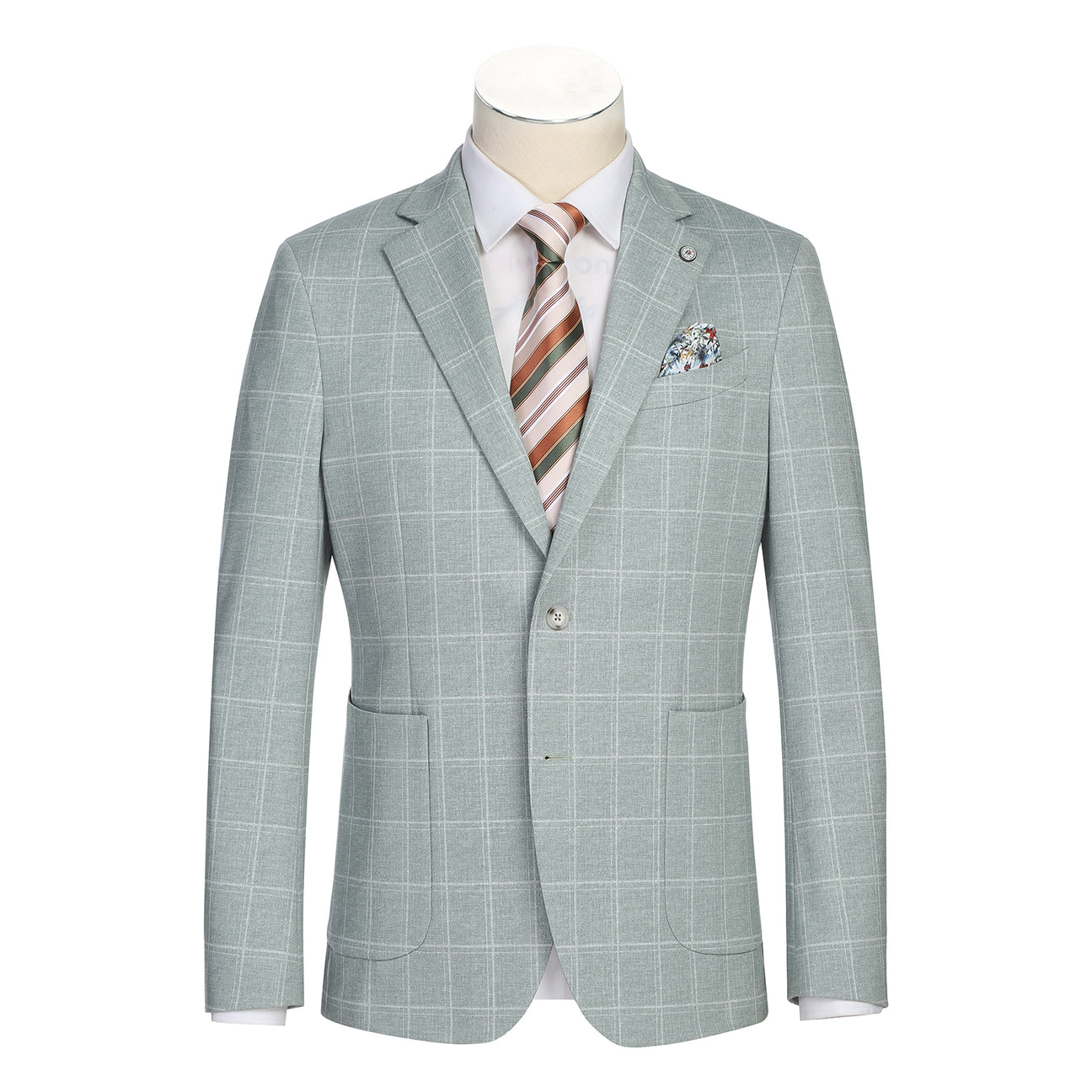 The Pellagio Light Green Men's Slim Fit Riserva Jacket PS26-9, styled with a white dress shirt, striped tie, and patterned pocket square, is displayed on a mannequin.